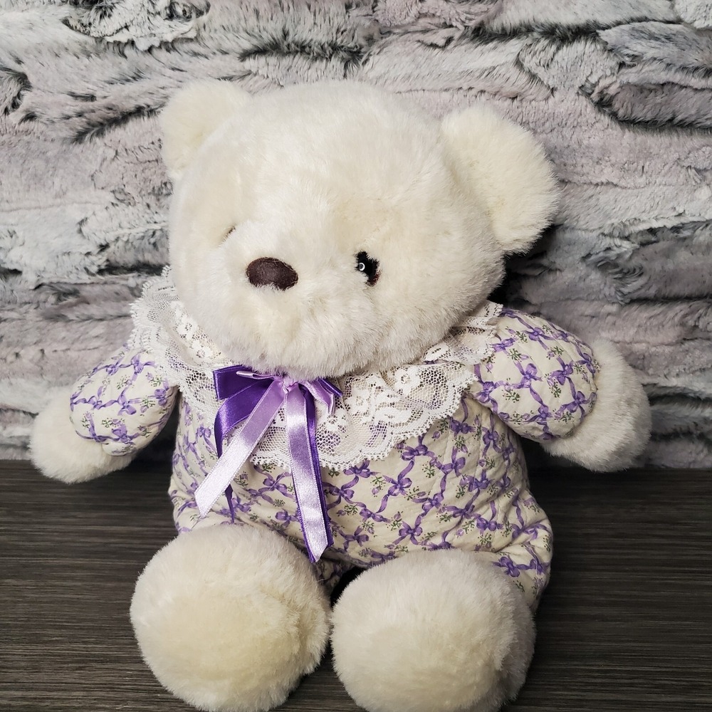 Vintage Commonwealth 12" White Plush Teddy Bear Purple Ribbon Lace Trim Quilted